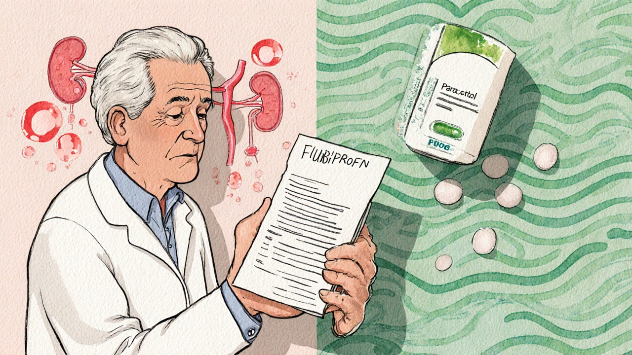 Pharmacist giving prescription with split visual showing flurbiprofen risks vs. safer paracetamol option.