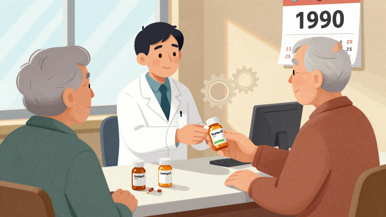 Pharmacist handing a single combination pill bottle to an elderly patient, two separate pills discarded on counter