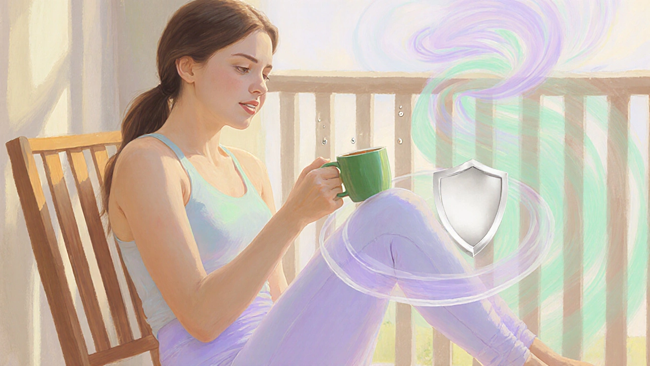 Post‑workout woman on balcony with pastel aura indicating balanced pH and immune shield.