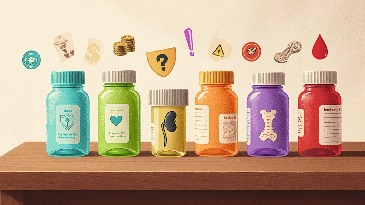 Six pill bottles on a desk with visual icons for cost, dosage, and safety.