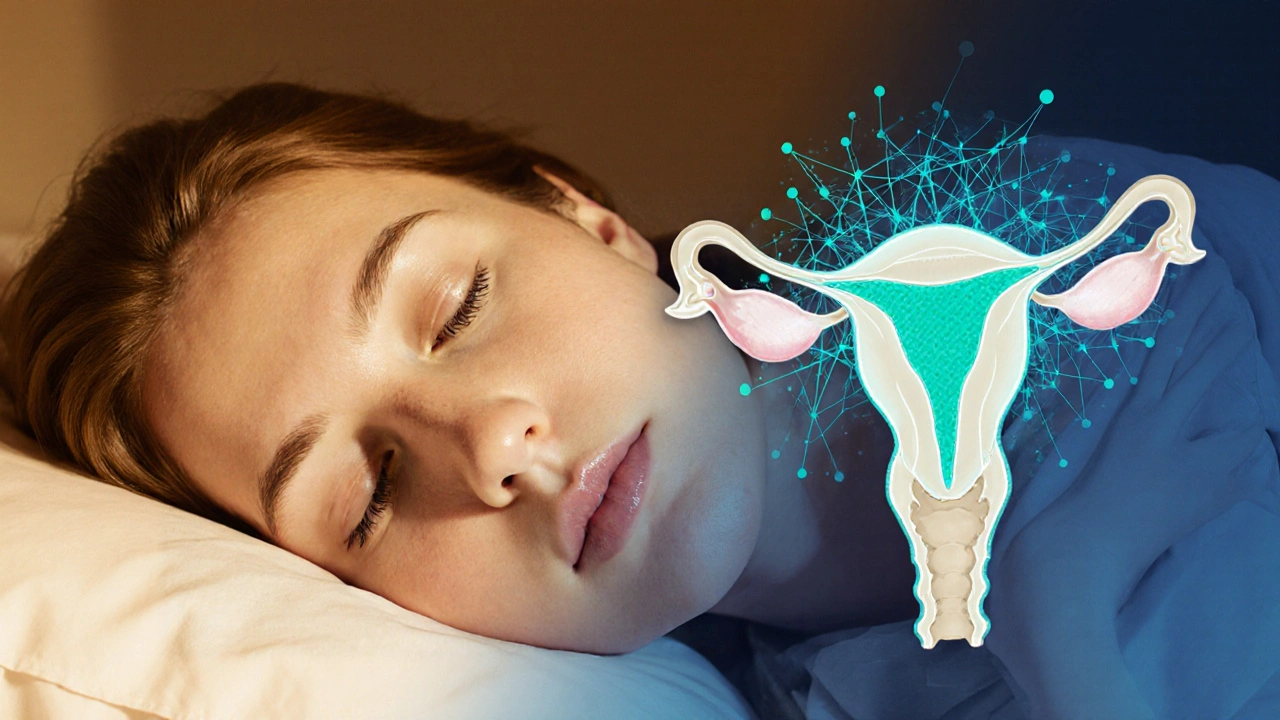 Sleeping woman overlaid with brain GABA network and balanced uterus silhouette.