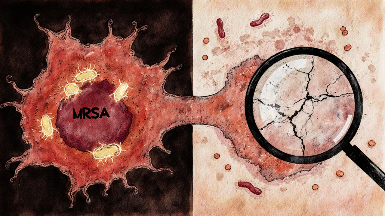 Split illustration: infected wound vs. healed wound with cefadroxil working against bacteria.