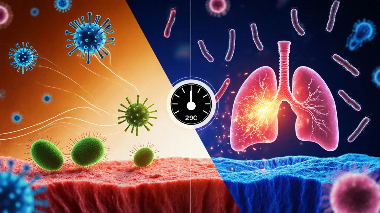 Split illustration showing fever slowing viruses and boosting neutrophils against bacteria.