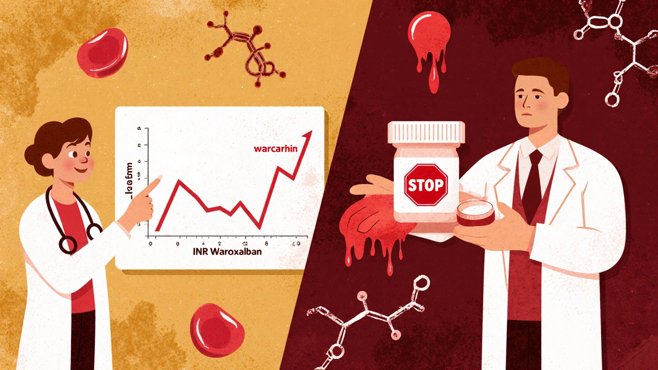 Split scene showing warfarin INR rise and rivaroxaban-Paxlovid interaction with blood clot and bruise symbols.