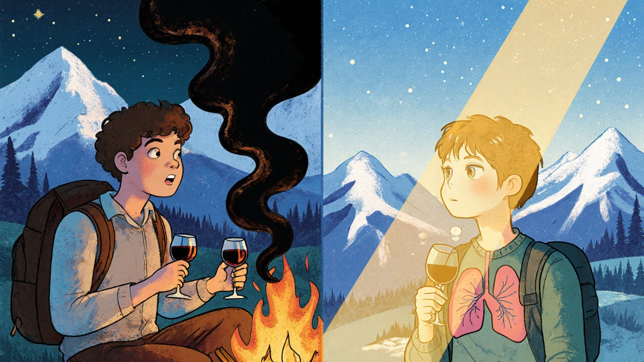 Split scene: traveler drinking alcohol vs. taking melatonin, showing oxygen flow differences.