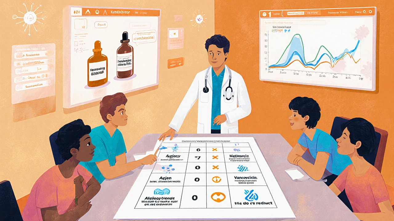 Team reviews risk‑score chart and considers alternative antibiotics around a table.