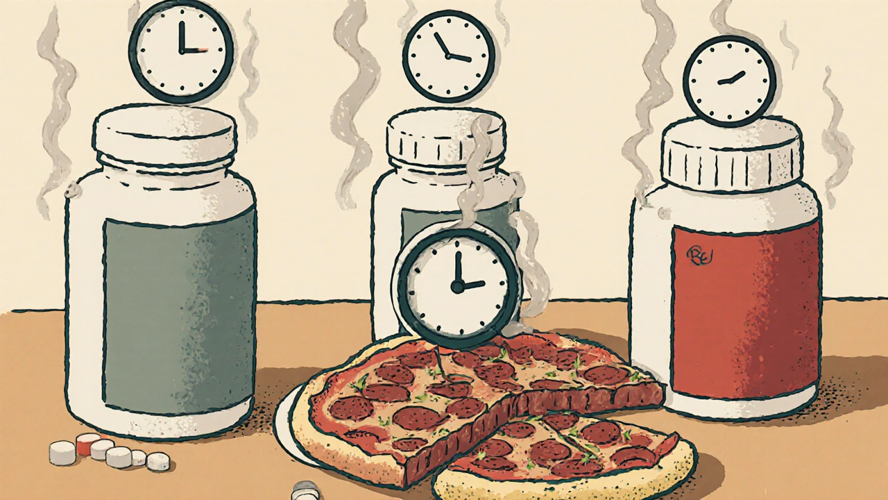 Three ED pill bottles on a counter, food blocking Viagra, Erectafil unaffected, with duration clocks above.