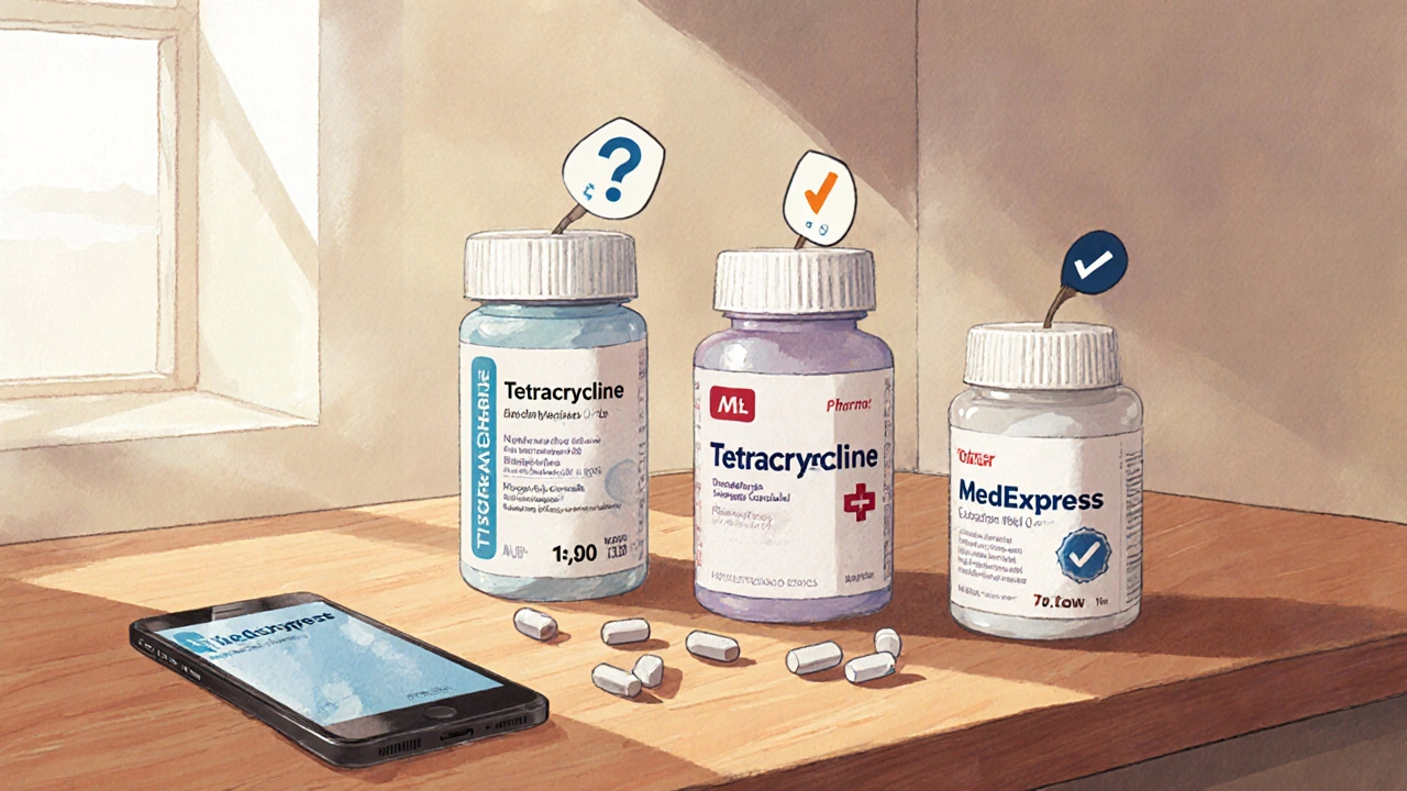Three tetracycline bottles labeled with pharmacy names, price tags, and a smartphone with checkmarks.