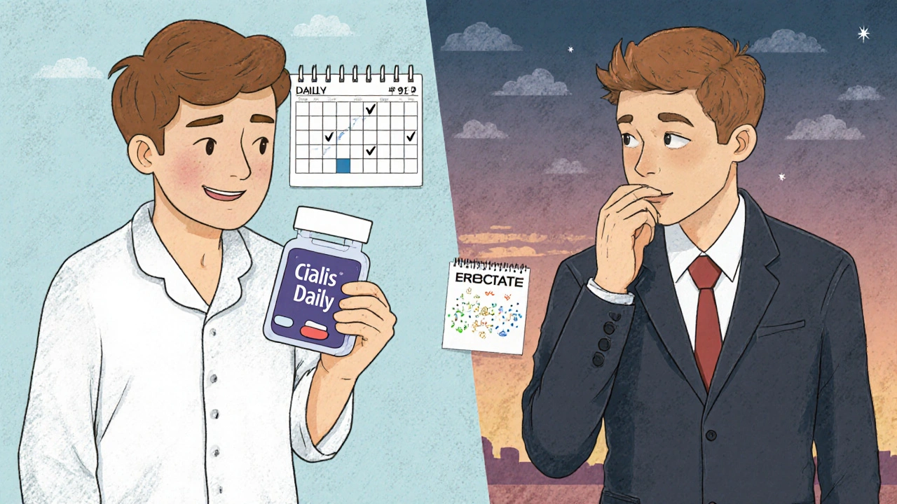 Two men: one taking daily pill, another taking as-needed pill, with calendar indicators showing usage patterns.