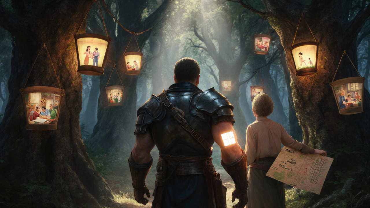 Warrior with a glowing patch walking through a forest of illuminated memories.