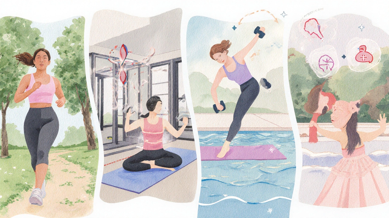 Watercolor montage of jogging, weightlifting, Kegels, and swimming showing circulation and immunity.