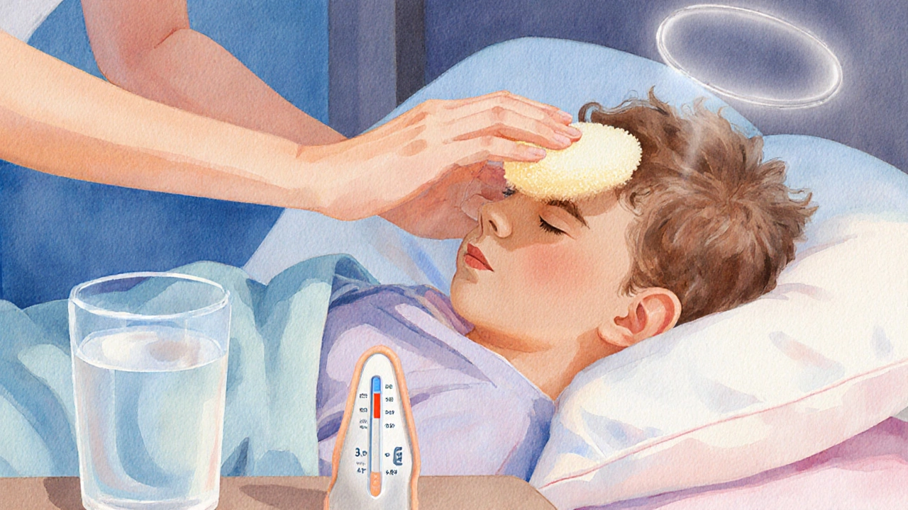 Watercolor of caregiver using a sponge and fluids to manage a child&#039;s mild fever.