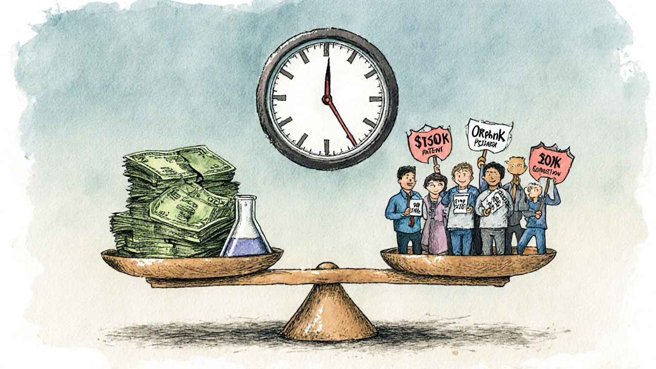 A balance scale weighing drug development costs against patient prices, with regulatory shields above a broken patent clock.