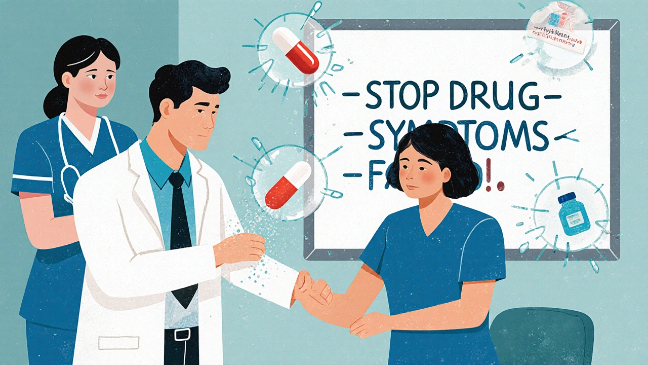 A doctor comforting a patient in the ER as medication icons dissolve into dust.