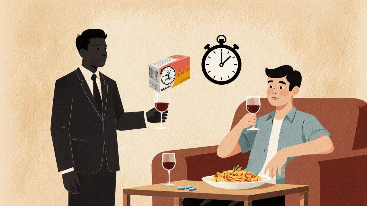 A man enjoys dinner while a Cialis pill symbolizes long-lasting effectiveness.