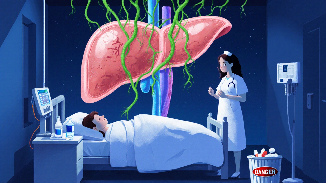 A patient healing in a hospital as a translucent liver regenerates above them, with safe supplements nearby.