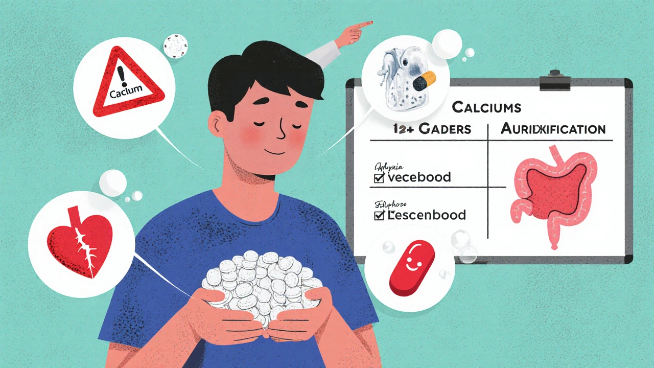A patient overwhelmed by many pills, with medical icons highlighting side effects and simpler alternatives.