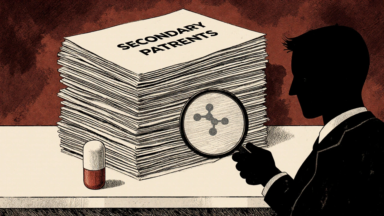 A stack of patents blocking a generic drug from reaching a pharmacy shelf, with a lawyer examining a molecule.