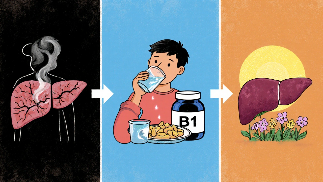 A timeline showing liver damage transforming into health through abstinence, nutrition, and recovery.