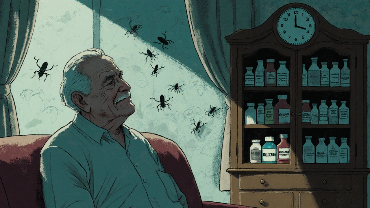 An elderly man seeing imaginary insects on the wall surrounded by medication bottles.