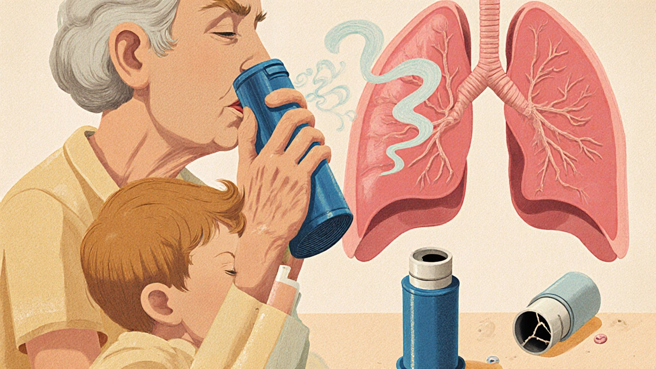 An elderly person and child using a breath-actuated inhaler, with healthy lungs illuminated by their breath.