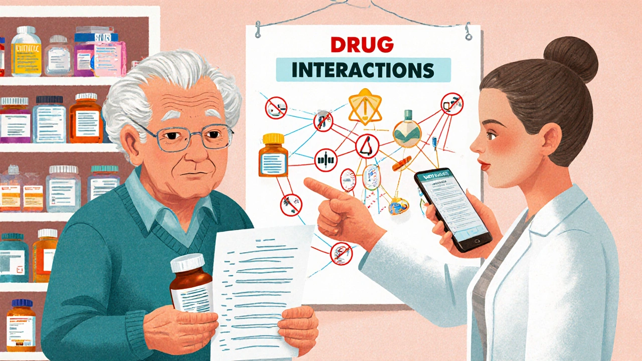 An elderly person and pharmacist reviewing a medication list and interaction chart, with a large-print label visible on a bottle.