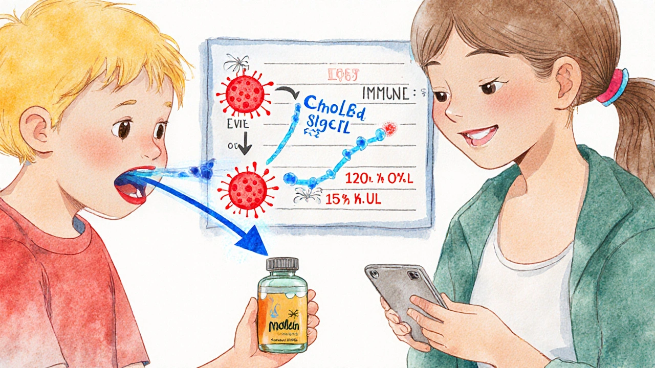 Child taking allergy drops as immune cells transform from red alarms to blue calm pathways.