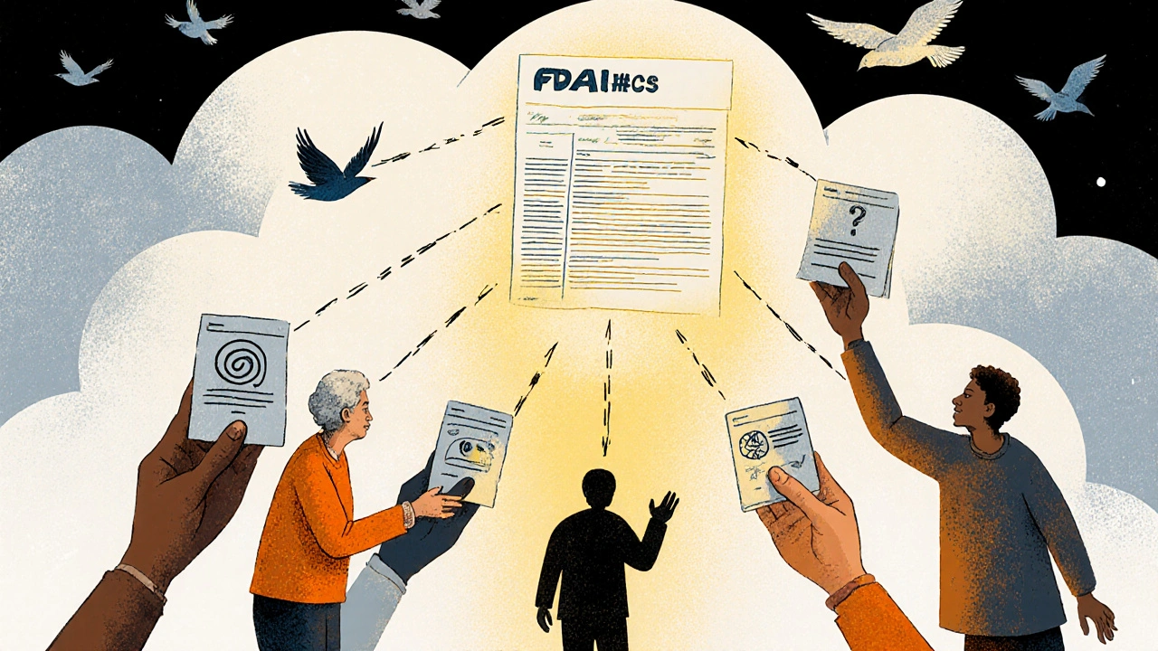 Diverse hands passing reports upward toward a glowing FDA form, symbolizing collective safety advocacy.