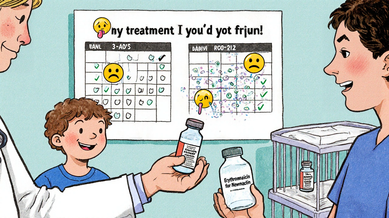 Doctor giving azithromycin to a child while parents discard erythromycin, with a neonatal incubator in background.