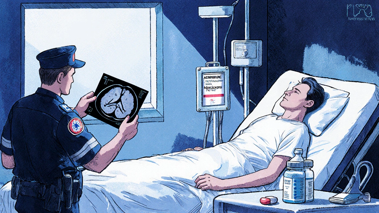 Emergency room staff administering reversal agent to patient with brain bleed, DOAC pill bottle visible.