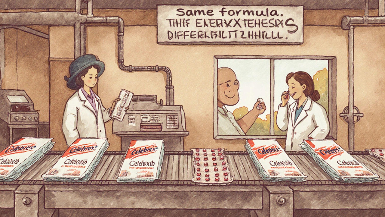 Factory assembly line producing pills with two different labels, showing the same medication under brand and generic names.