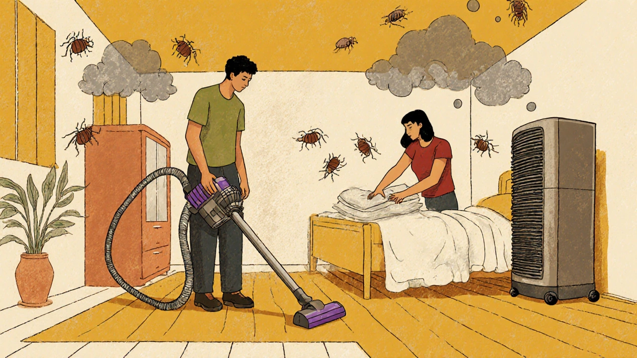 Family using HEPA vacuum, hot water laundry, and dehumidifier to reduce allergens in a cozy home.