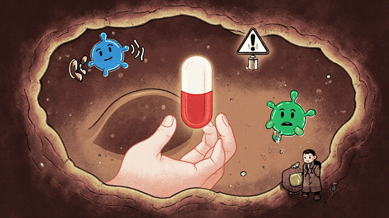 Fetal hand reaching toward floating pills in amniotic fluid, with drug molecules and efflux pumps symbolized as bouncers, in textured illustration style.