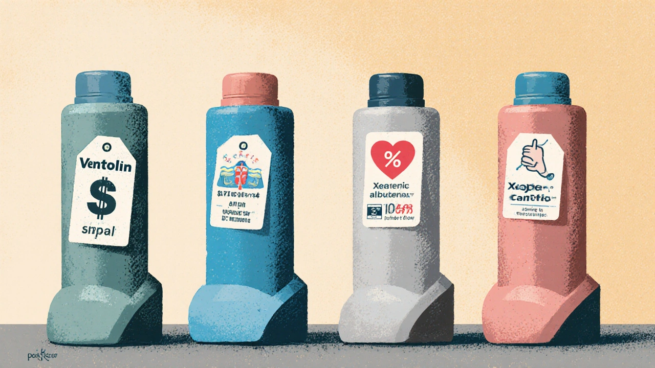 Four different inhalers displayed on a counter, each representing cost, side effects, and ease of use.