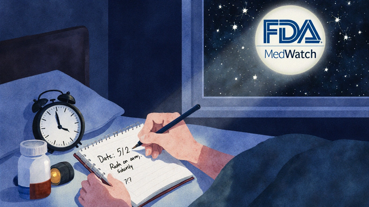 Hand writing down side effect symptoms in a notebook beside a pill bottle at night.