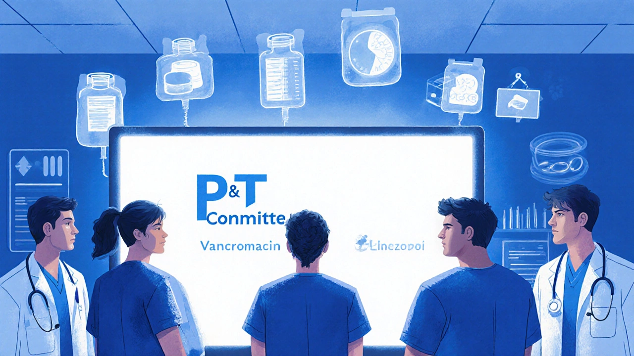 Hospital pharmacy team reviewing medication choices on a digital screen with IV and tablet icons.