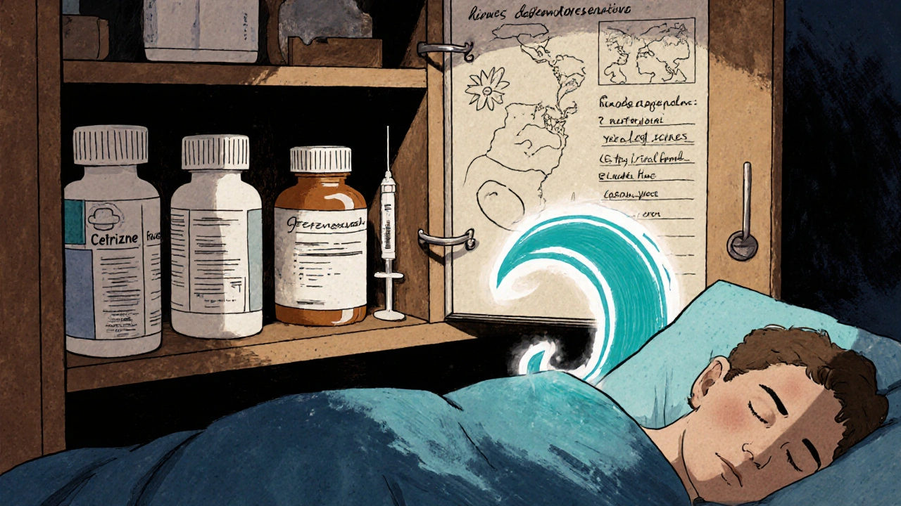 Medication bottles and a symptom journal beside a peaceful sleeper under calming blue waves.