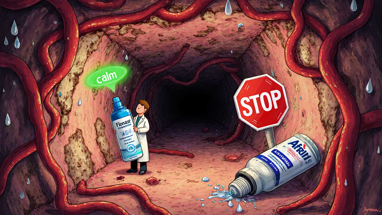 Nasal passage tunnel with swollen vessels, Flonase spray calming the area while Afrin is discarded.