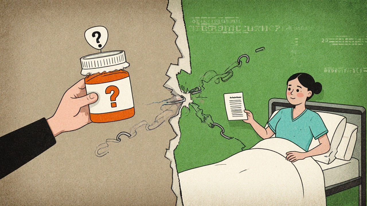 Patient caught between retail and hospital medication paths, showing substitution mismatch.