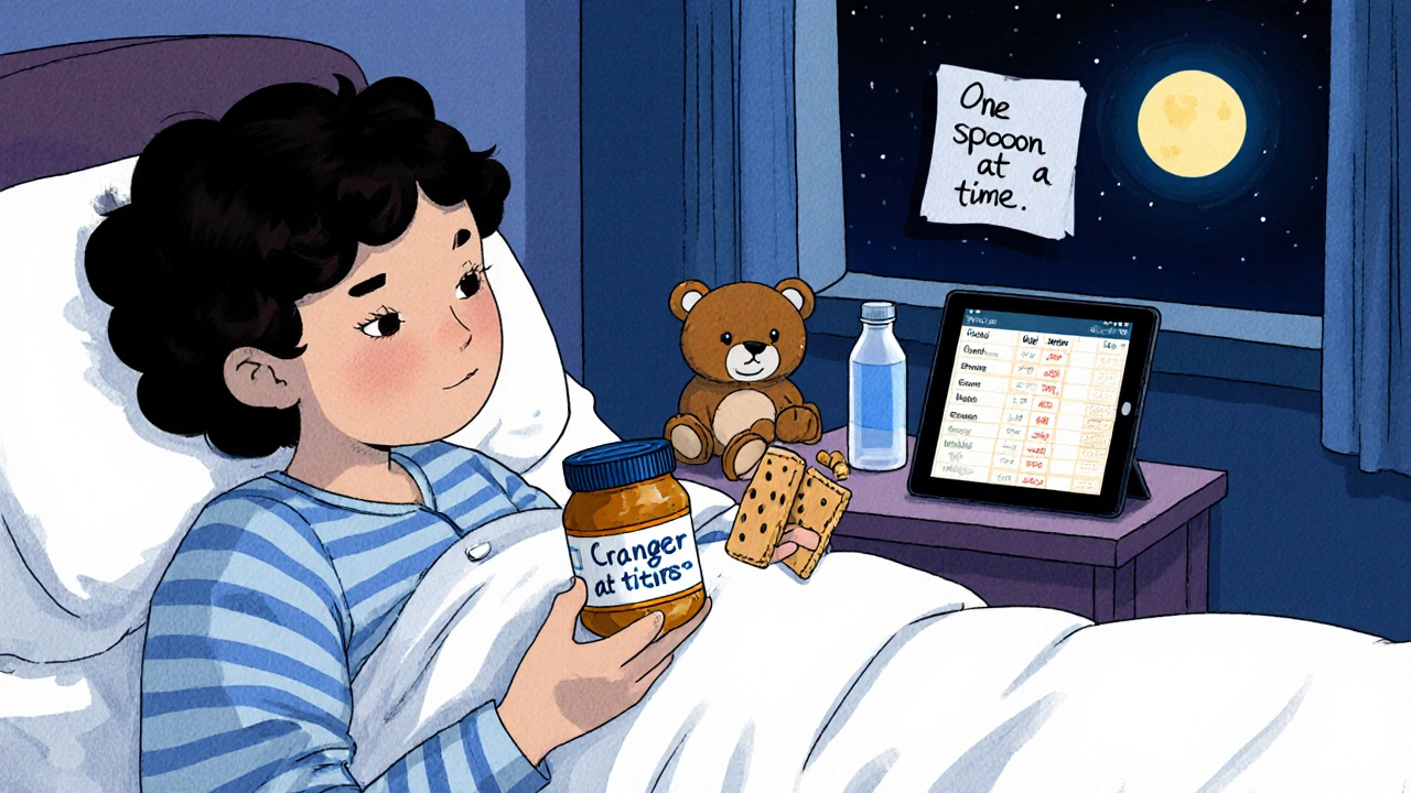 Patient in hospital bed eating peanut butter and crackers at night with a nutrition tracking app visible.