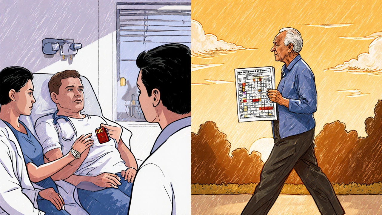 Patient with hemophilia receiving treatment while on blood thinner, paired with healthy person wearing medical alert bracelet.