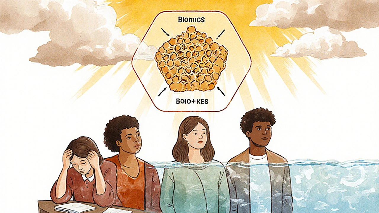 People in daily life with hives emerging, while biologics block immune triggers above them.