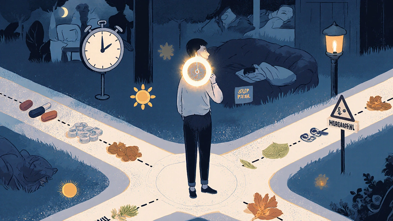 Person at a crossroads choosing focus paths, with pills, herbs, and a sleep lamp guiding the way in textured cartoon style.