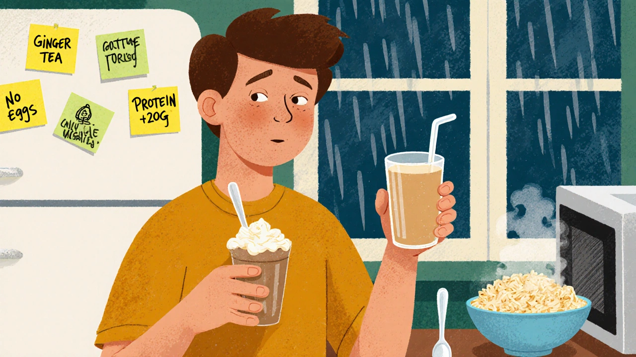 Person holding a homemade protein shake and cottage cheese beside a microwave with food safety notes.