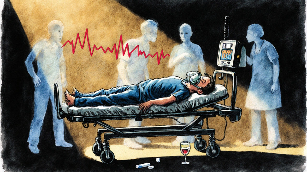 Person in ER with metformin and alcohol specters looming, medical staff rushing, dropped wine glass nearby.