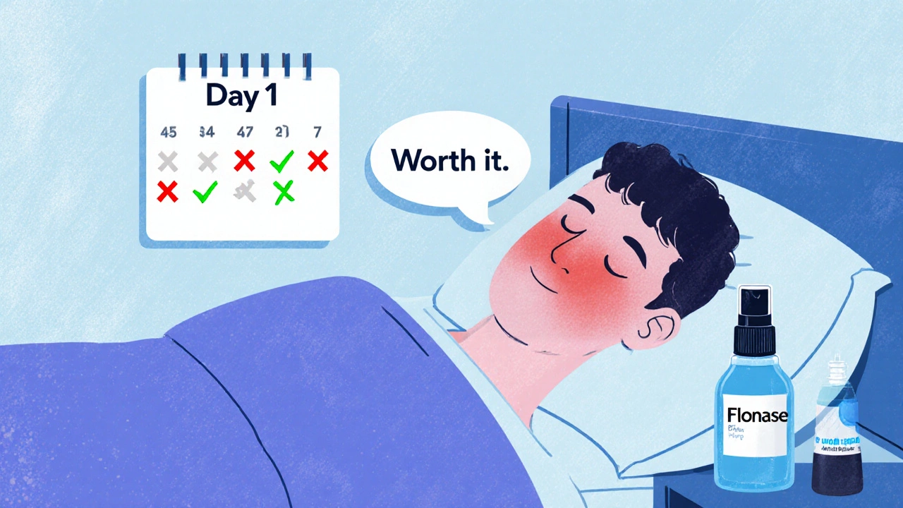 Person sleeping peacefully with healing nasal tissues shown above, saline and Flonase on nightstand.