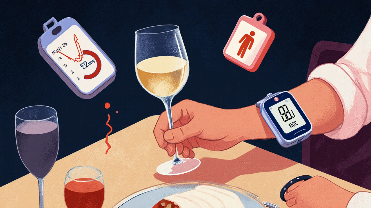 Person with CGM showing falling blood sugar at night, surrounded by hidden diabetes risks.