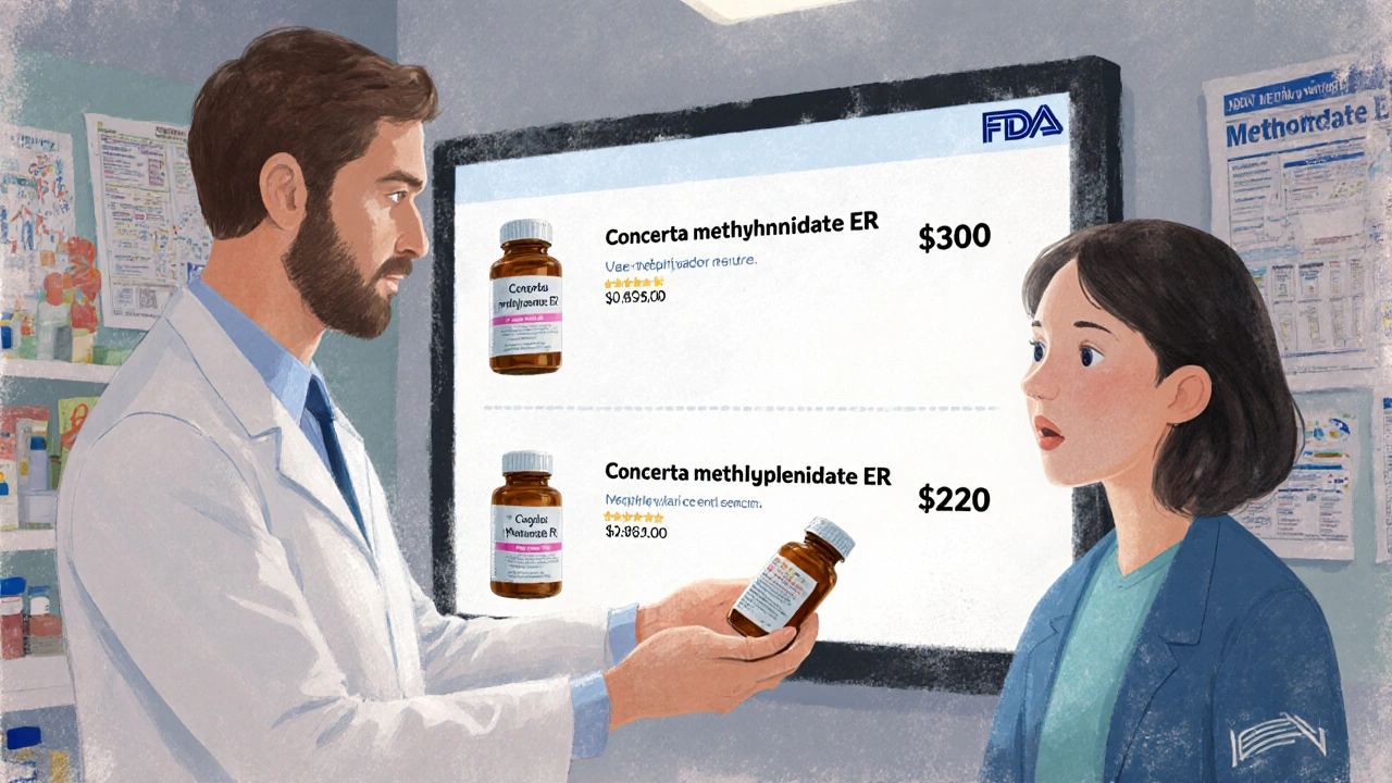 Pharmacist giving a patient a generic medication bottle while a price comparison screen displays the cost difference.