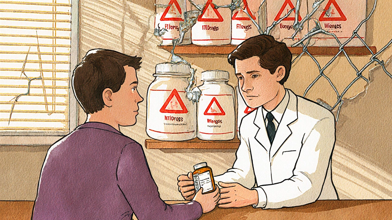 Pharmacist giving a pill bottle to a confused patient, with warning symbols for NTI drugs on the wall behind.