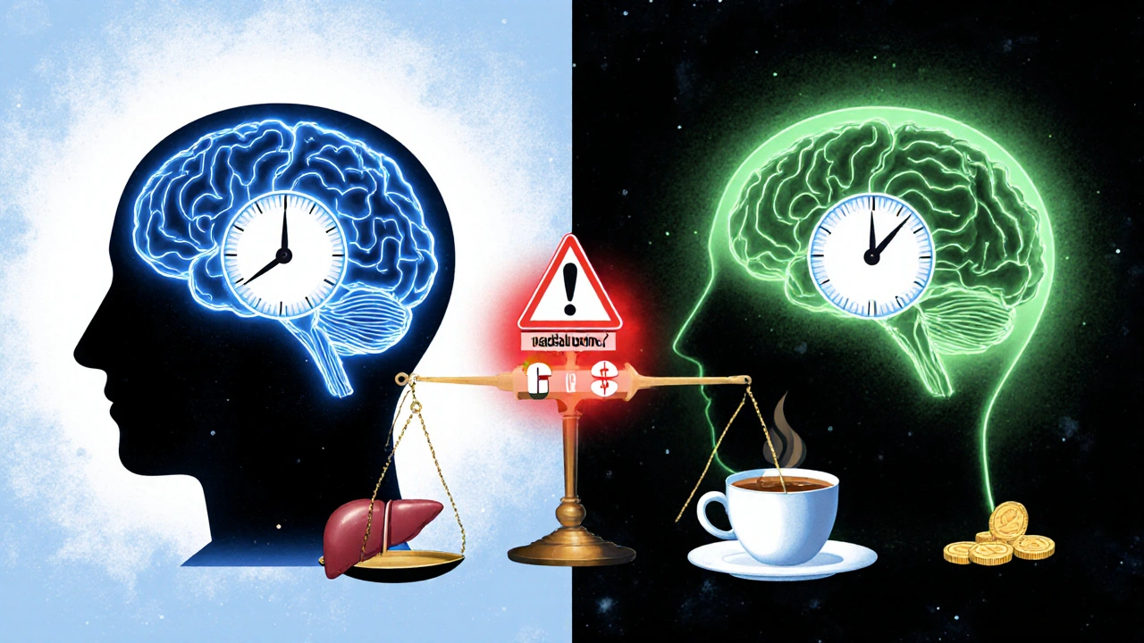 Split-brain illustration comparing modafinil and caffeine-L-theanine effects with liver warning and cost-safety scale.